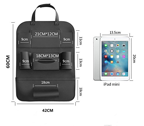 LCZ Rückenlehnenschutz,Autositze Organizer Hochwertigem PU Leder, Auto Rücksitz Organizer Kick-Matten-Schutz 7 abgetrennte Staufächer sorgen 60 X 42cm (schwarz) - 2