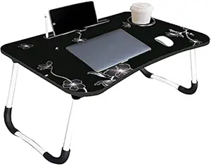 NIHARA Smart Multipurpose Foldable Laptop Table with Cup Holder, Study Table, Bed Table, Breakfast Table, Foldable and Portable (Black Flower)