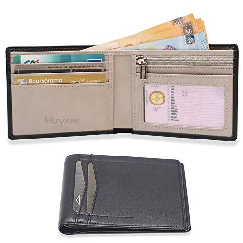 HUYAMI® Cartera de Cuero Ultra Fino - Bloqueo y Seguridad RFID - Billetero Integrado con Cremallera - Ebook OFRECIDO - Bolsillo de boletos Incluido - Se Pueden Guardar hasta 7 Tarjetas bancarias