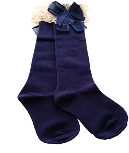 Girls Kids WHITE BLACK Knee Length Frilly Lace Trim School Socks Age 3 4 5 6 7 8 9 10 (Medium (Age 5 to 7), Navy)