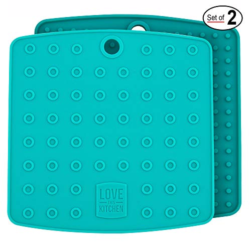 Posa Ollas Premium de Silicona, Reposa Cubiertos, Abre Frascos y Posa Vasos - Herramienta 5 en 1 de Cocina Resistente al Calor hasta 227°C, Gruesa y Flexible (17,8 x 17,8 cm, Agua Marina, Set de 2)