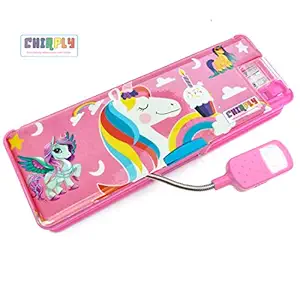 CHIRPLY Multipurpose Magnetic Pencil Box with LED Lamp Light & 2 Side Compartment for Girls & Boys for School Birthday Gift Big Size Cartoon Printed Stylish Pen Case for Kids (Unicorn Pink)