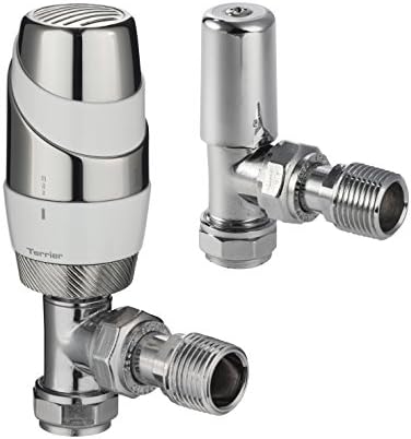 Terrier 632334 Thermostatic Radiator Gloss White & Chrome 15mm Connection Angle Body & Matching CP lockshield Valve