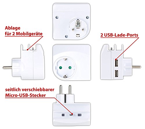 revolt Mehrfachstecker: 4in1-Steckdose, 2x USB, 1x Micro-USB, Smartphone-Ablage, 2,1 A, 10,5 W (Steckdosenadapter)