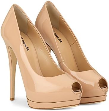 WYWQ Flanging High-Heeled Waterproof Platform Fish Mouth High Heels Shallow Mouth Large Size 40-46 Gold Silver Red Bare Black Patent Leather Single Shoes , apricot , 44