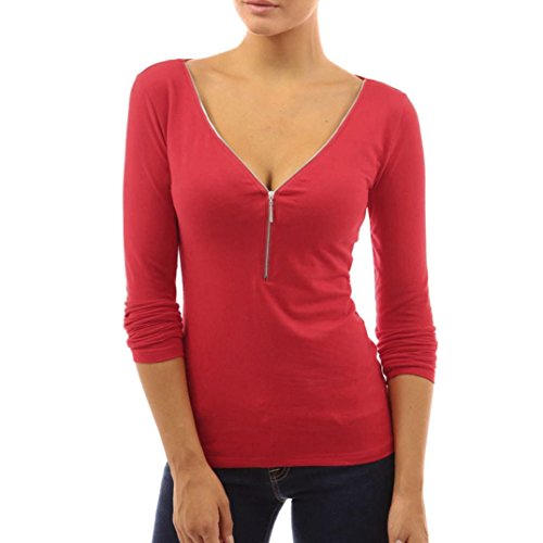 Preisvergleich Produktbild Elecenty Blusen Reizvolle Damen Bluse Langarmshirt Tiefer V-Ausschnitt Oberteile Frauen Reißverschluss Tops Frauen Blusenshirt Solide Damenmode T-Shirt Hemden Tops Hemd (XXL, Rot)