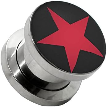 One Size or Set of 7 Flesh Tunnel Ear Plug Stainless Steel to Screw Red Star 2 3 4 5 6 8 10 mm, taille:10 mm