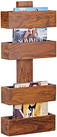 Wohnling Newspaper Holder Solid Sheesham Wood 2 Shelves for Magazine/Brochure Country House Natural Handmade Shelf Real Wood Unique