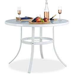 Relaxdays Table de Jardin Ronde Verre STRUK Trou Parasol Table de Bistrot 102cm Balcon Jardin 4 Places Anti-Pluie Blanc