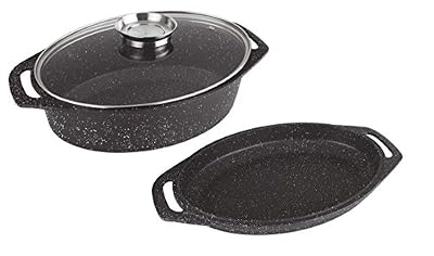 Kamberg - 0008049 - Cocotte Plat à Four 3 pièces 38 x 26 x 12,8 cm -Fonte d'Aluminium - Revêtement type pierre - Couvercle en verre - Tous feux dont induction - Sans PFOA