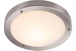 NATIONAL LIGHTING Portico IP44 Rated Flush Round Satin Nickel 300mm Disc Dimmable Bathroom Ceiling Light Fitting with Frosted Glass Shade Zone 2