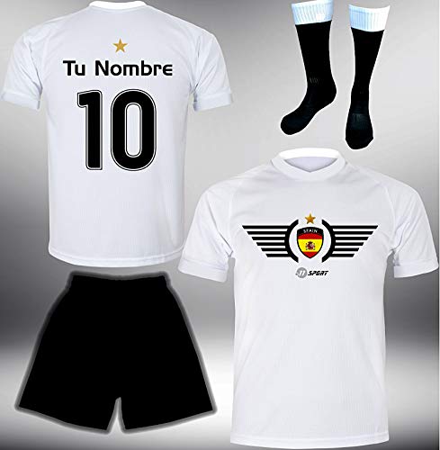 ElevenSports Spanien Trikot Set 2018 mit Hose & Stutzen GRATIS Wunschname + Nummer im EM WM Weiss Typ #ES2ths – Geschenke für Kinder Erw. Jungen Baby Fußball T-Shirt Bedrucken Espana