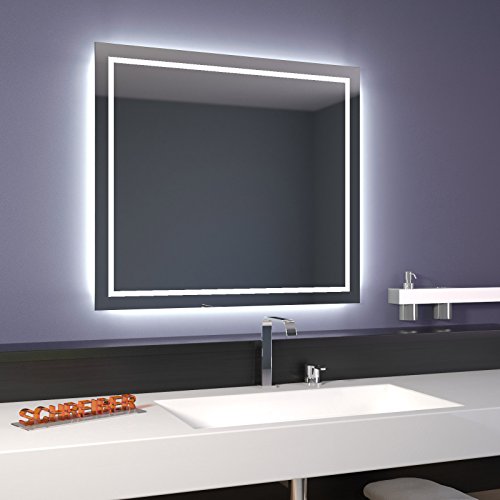 Badspiegel Linea mit LED Beleuchtung umlaufend OHNE Schalter 90 cm Breit x 70 cm Hoch Warmweiß 3.000K