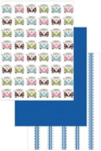 Set Of 3 Large Themed Plain Stripe Tea Towel Kitchen Dish Cleaning Cloth Pack Linen Gift Set (Camper Hippy Van Splittie Camping)