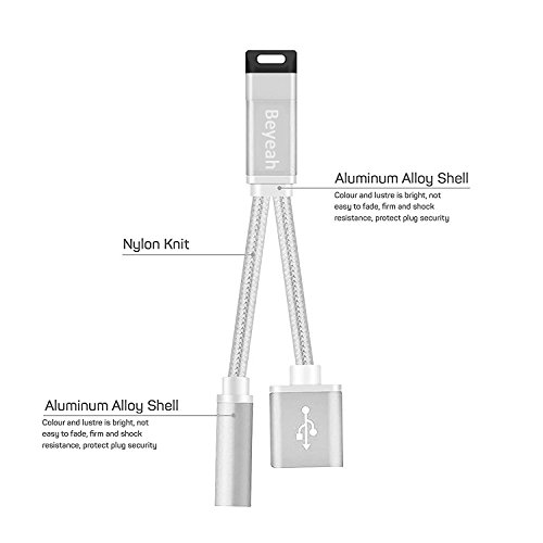 2 in 1 Lightning Adapter for iPhone X / iPhone 8 / iPhone 8 Plus / iPhone 7 / iPhone 7 Plus , Beyeah Dual Lightning Headphone Audio & Charge Adapter for iphone 7 / iphone 7 Plus [No Music Control and Phone Communication] (Sliver)- Compatible for iOS 10.3.2 or later