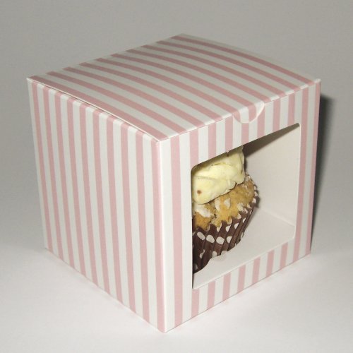 10 Single Cupcake Striped Boxes Pink,Blue Square Window or Plain (Pink Stripe Window)