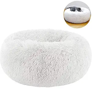 TINTON LIFE Luxury Faux Fur Pet Bed for Cats Small Dogs Round Donut Cuddler Oval Plush Cozy Self-Warming Cat Bed for Improved Sleep, White L