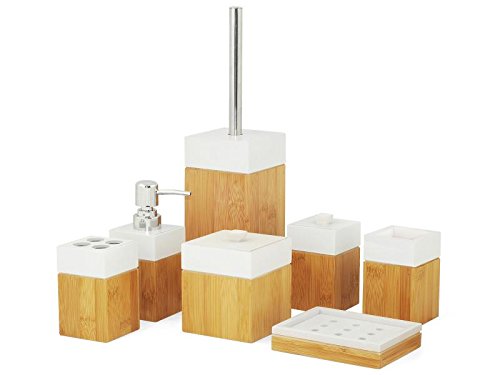 Die original MK Bamboo PARIS – Exklusives Badezimmer Set bestehend aus 7 Stück aus Bambus – Enthält: Bürstenhalter, Spender für Seife, Seifenschale, Zahnputzbecher, 1 Tasse Generica, 1 kleiner Becher mit Deckel und 1 Tasse groß mit Deckel – Montage-Zubehör Badezimmer aus Holz Typ Design Paris