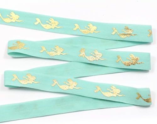 mdribbon Gold Mermaid Print Matte Stretch Fold Over Elastic-5/8" 10 Yds/Pack (16mm Wide 9.144 Meters Length)-Hair Tie Hair Band Headband Supplies Hair Ponytail Holders-Aqua Color