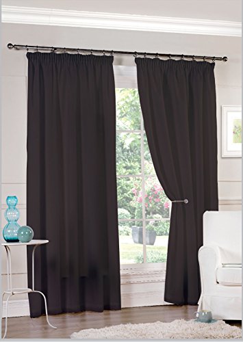 Pair Of Ready Made Black Lined Tape Top Voile Curtains (90