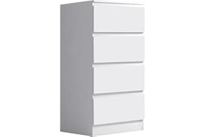 FWStyle Slimline 4 Drawer Chest of Drawers Matt White with Handleless Design, Tall Narrow Bedroom Storage Furniture with Deep Drawers and Scratch Resistant Finish, H99 x W40 x D40cm