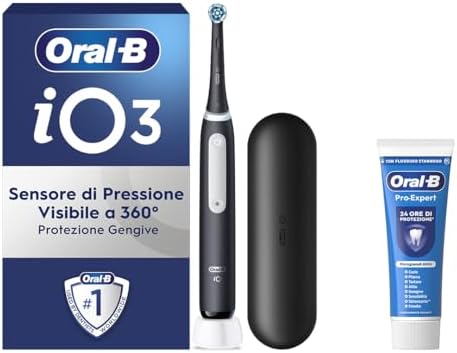 Oral-B Spazzolino Elettrico Ricaricabile iO 3 Nero, 1 Spazzolino Elettrico, 1 Testina Di Ricambio, Custodia Da Viaggio + Dentifricio Oral-B Pro Expert, Pulizia Denti Efficace