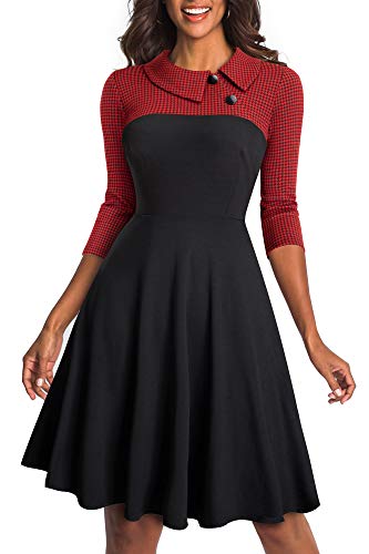 HOMEYEE Robe d'affaires à Revers Vintage Colorblock pour Femme A121 (EU 40 = Size L, Rouge Tissu B)