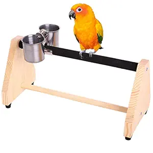 Qbleev Parrot Play Wood Stand Bird Grinding Perch Table Platform Birdcage Stands with Feeder Dish Cup Portable Playstand for Small Cockatiels, Conures, Parakeets, Finch