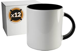 Pixcolor – 12 tazas de sublimación de cerámica blanca con interior de color negro | Caja individual neutra | 350ml (11oz) | Categoría AAA | Aptas para microondas y lavavajillas | Compatible con Cricut