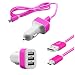 Produktbild Micro USB 3Port KFZ Ladegerät 2.1A | 2.0A | 1.0A 12V Lade Adapter für Zigarettenanzünder Auto Ladekabel mit Nylon Kabel für Handys Smartphones Tablets Samsung Galaxy, Oneplus, Sony Xperia, LG, Nexus, HTC in Pink
