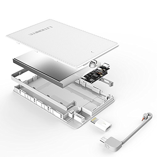 Litionite   Tessius Mini 2500mah Power Bank Batterie Externe Portable Poche Petit comme une carte de cr  dit avec c  ble USB Micro int  gr     Lightning iPhone Adaptateur cach    Chargeur Ultra Mince de secours Universel avec design moderne pour tous les mod  les Smartphone et Tablet  White 