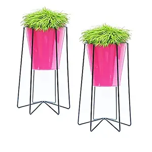 Ascent Homes Metal Iron Flower Pot Stand with Bucket Planter-Set of 2(Pink)