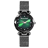 Damen Uhren, L'ananas Frauen Glossy Dial Romantisch Diamantschneiden Freie Größe Netzgurte Armband Armbanduhr Women Watches Bracelet Wristwatch (Schwarz+Grün)