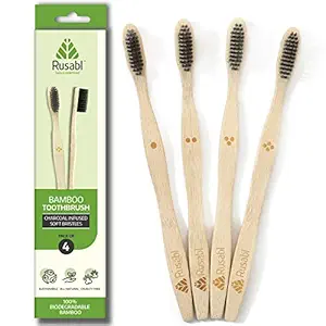 Rusabl Organic Bamboo Toothbrush for Adults | Charcoal Activated Soft Bristles | Biodegradable & Anti-Bacterial | Eco-friendly & Natural (Pack of 4)