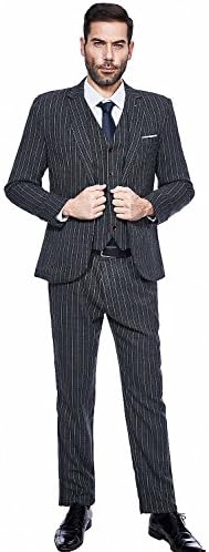 GOMY Men's Pinstripe 3 Piece Suits Slim Fit One Button Wedding Tux Blazer Jacket Vest &amp; Trousers