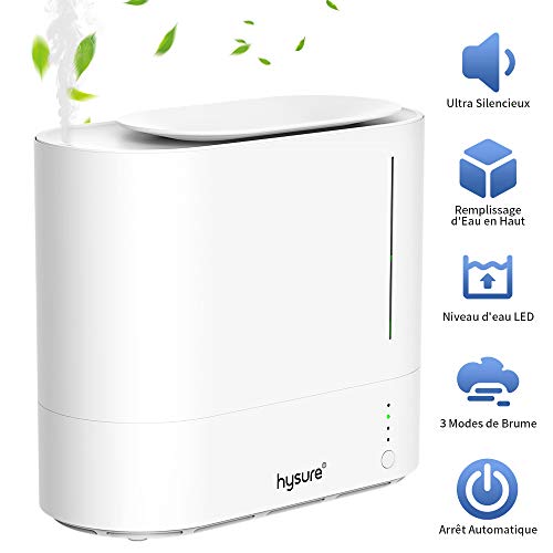 Hysure Humidificateur Ultrasonique Ultra Silencieux Réservoir 2,2L Remplissage par le Haut, Brume Fraîche à 3 modes, LED Indicateur de Niveau d'Eau, Arrêt Automatique Pour Maison Chambre Office