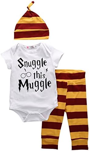 Infant Baby Boy Girl Snuggle this Muggle Rompers Bodysuits+Striped Pants Outfits Sets (80 (6-9 Month), White top and Yellow pants)