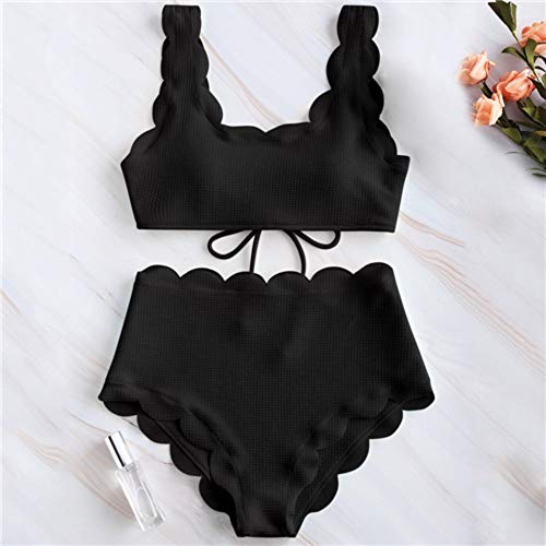 BENGKUI Bikini,Les Femmes Noir Texturé Festonné Ensemble Bikini Taille Haute Plage Maillots De Bain Solide Coup De Maillots De