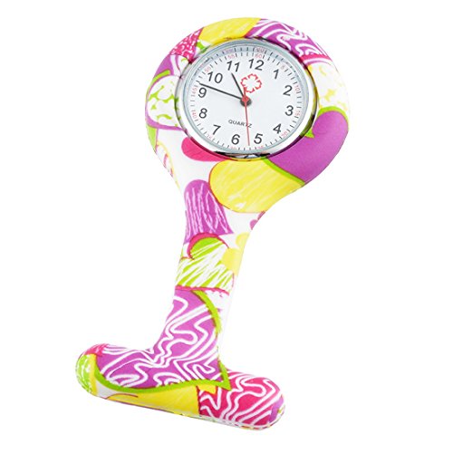 Souarts Womens Nurse Clip on Fob Brooch Pendant Watch Floral Rubber Hanging Pocket Fob Watch 1pc