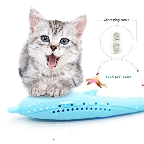 NIUBIKELAS Giocattolo per Animali Domestici Gatto Spazzolino da Denti Forma di Pesce Gusto di Catnip Silicone Molare Stick Denti Giocattolo di Pulizia per Gatti Gattino Morbido Silicone (Blu)