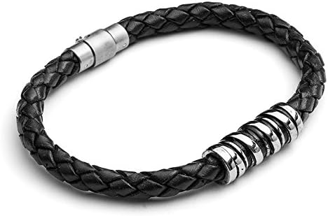 Tribal Steel 21cm Black Leather Spiral Bar Bracelet for Men with black Ion Plating Detail