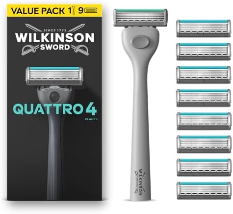 Wilkinson Sword Quattro, rasoio da uomo, formato convenienza, 4 lame rivestite in diamante, manico + 9 ricariche
