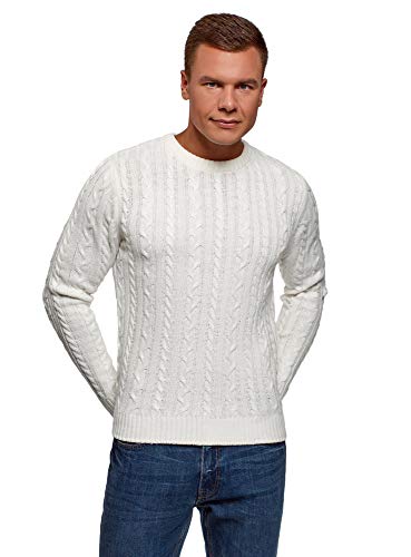 oodji Ultra Homme Pull Torsadé Col Ras du Cou, Blanc, FR 52-54 / L