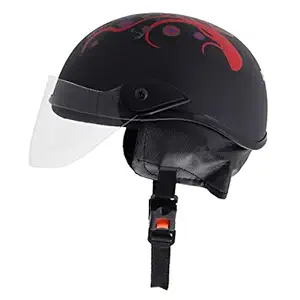 Western Era Half Helmet with Clear Visor for Men & Women ||Safety & Comfort|| Stylish Enhanced Design || (Large, Black Matte (Red))