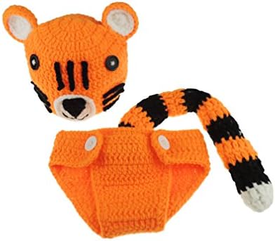 Adorable Hand Crochet Baby Girls Boys Colourful Photography Prop Hat And Pants Various Sizes To Available In 6 Different Designs (Tiger Set)