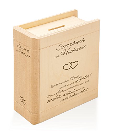 Spardose Buch aus Holz mit Gravur zur Hochzeit – Liebesgedicht – Motiv Herzen – Sparbuch als originelles Hochzeitsgeschenk – Geldgeschenk-Sparbüchse aus Ahornholz – 13,5 x 16,5 x 6,5 cm - 2
