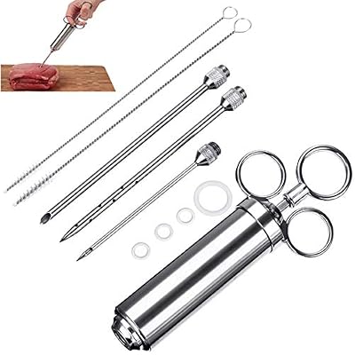 knowing Seringue à Sauce en Acier Inoxydable, avec 2 Différents Aiguilles,seringue Marinade,Injecteur d'assaisonnement marinine Saumure, Argent