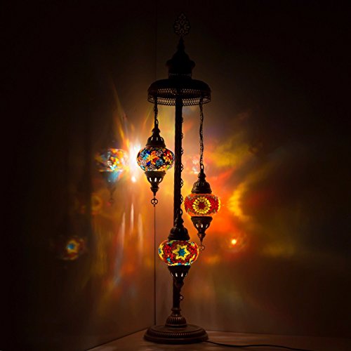 Preisvergleich Produktbild TK BAZAAR Bodenleuchte, Türkisches Mosaik-Design, atemberaubender marokkanischer Stil, 3 mittelgroße Globe Lampenschirme