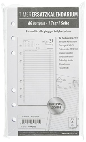 Timer Ersatzkalendarium A6 2019 - Bürokalender / Buchkalender - Universallochung - 1 Tag 1 Seite - 352 Seiten