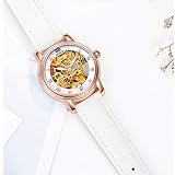 Einfache und stilvolle vollautomatische Mechaniker-Uhr für Frauen, volle Hohle Wasserdichte Armbanduhr für Frauen mit Lederband (Farbe : Weiß)